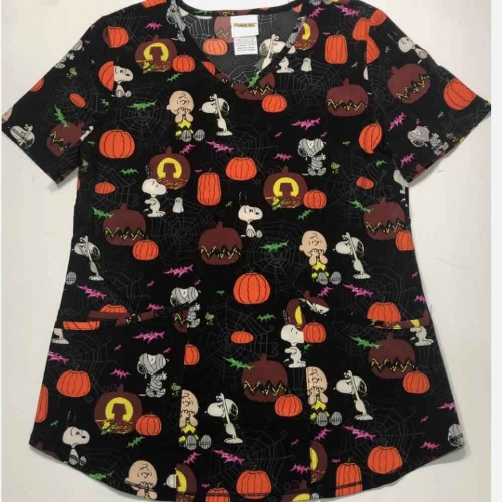 Womens Snoopy Halloween Scrub Top Peanuts Charlie Brown Spooky Medical Shirt 3XL